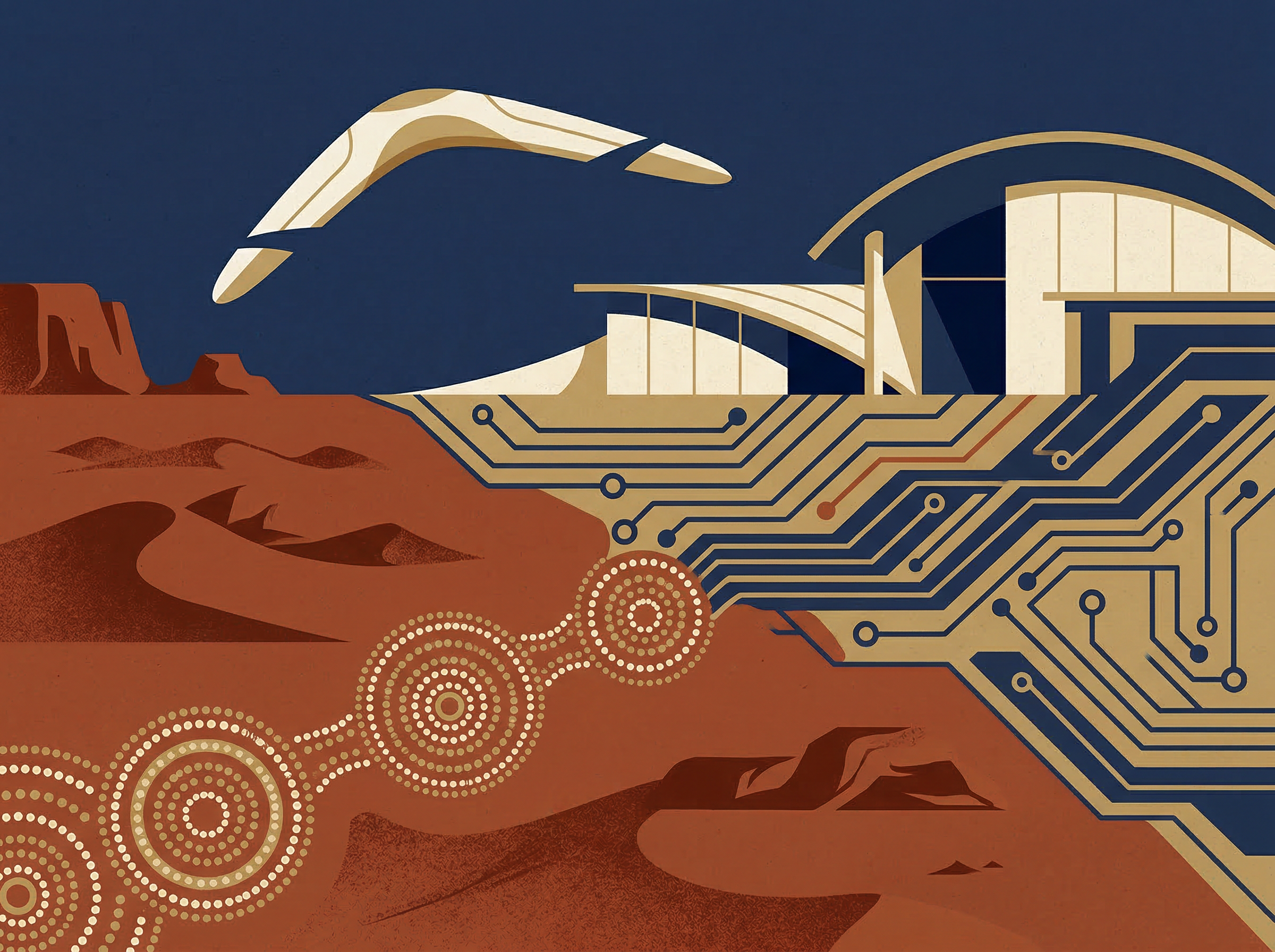 Editorial illustration: ancient ochre desert landscape merging with modern architecture and circuit patterns, representing Indigenous innovation