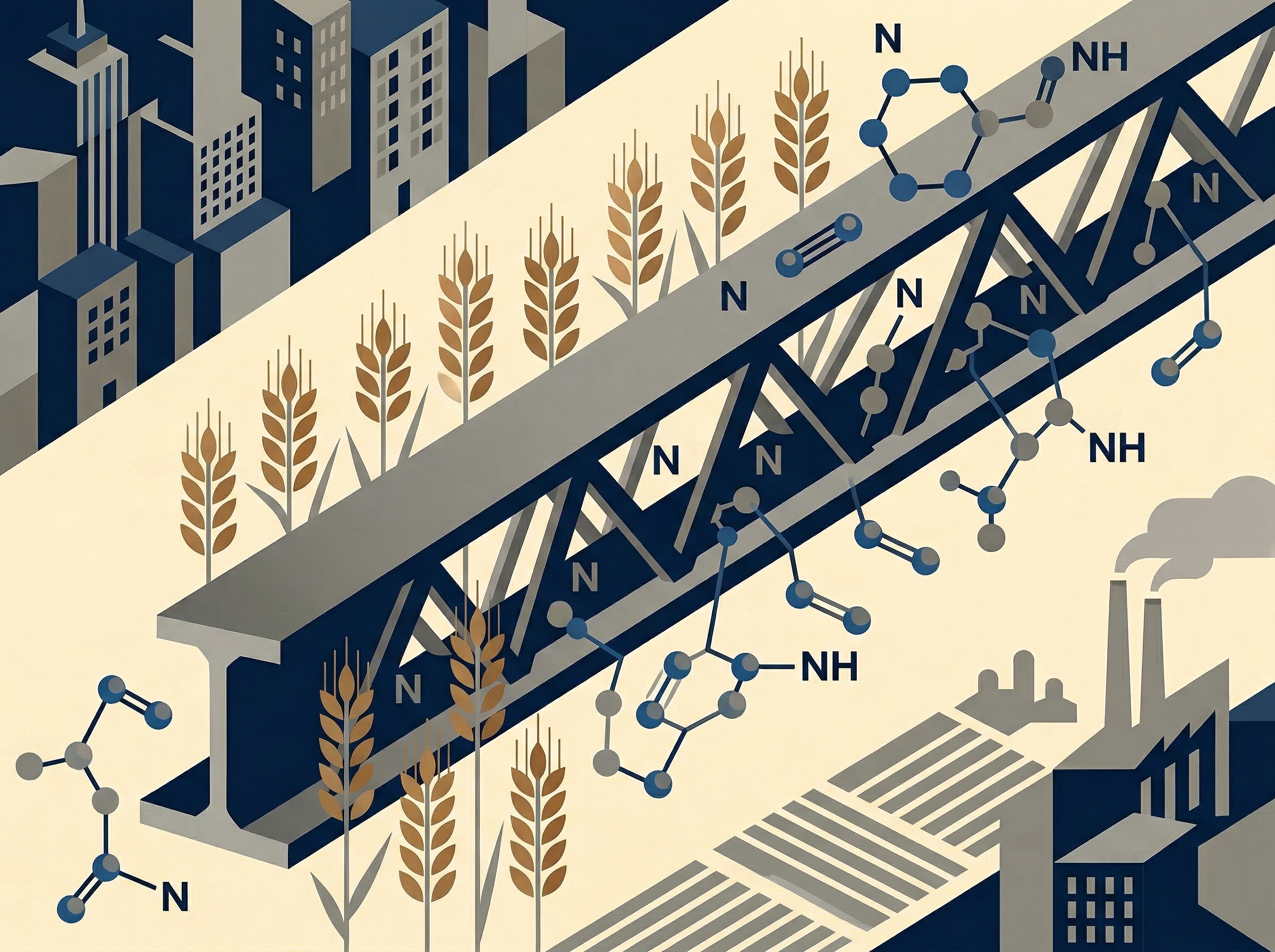 Editorial illustration: steel girders, wheat stalks, and molecular structures representing industrial materials that shaped civilisation