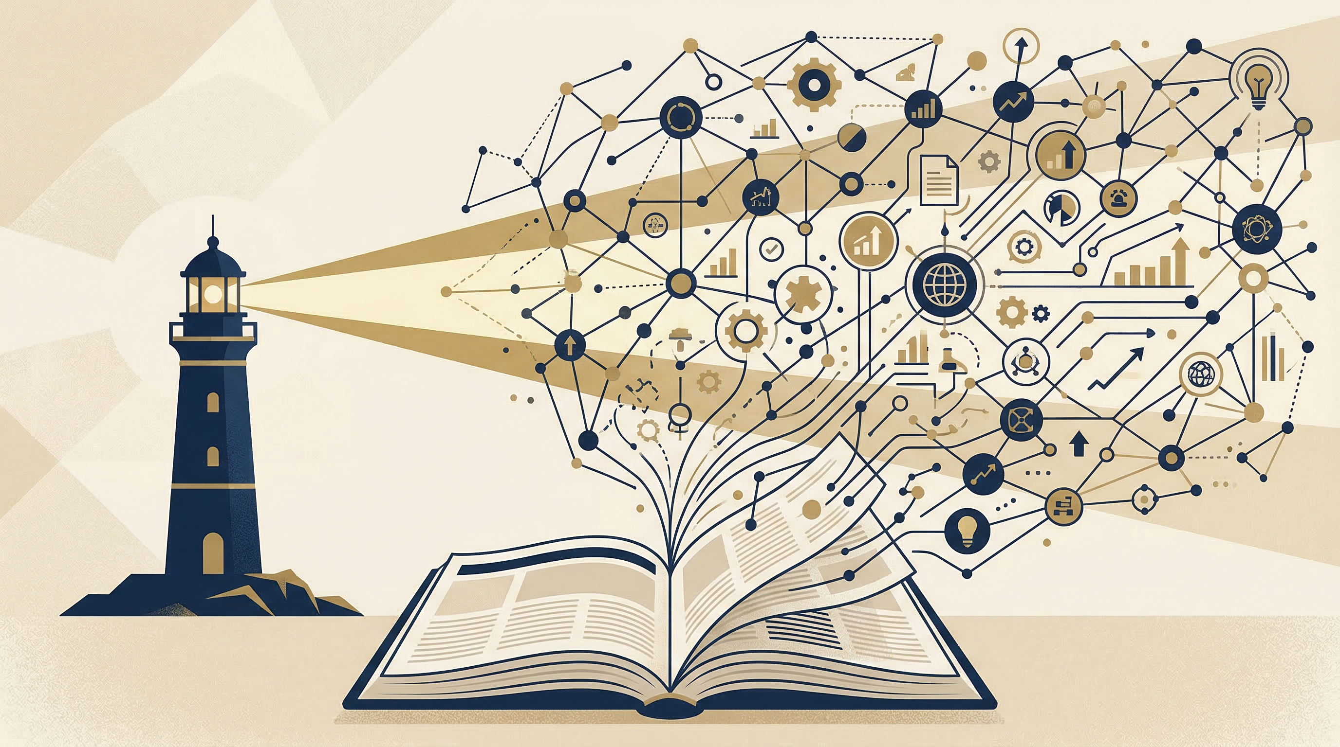 Editorial illustration: an open book radiating knowledge networks, with a lighthouse beam illuminating interconnected ideas